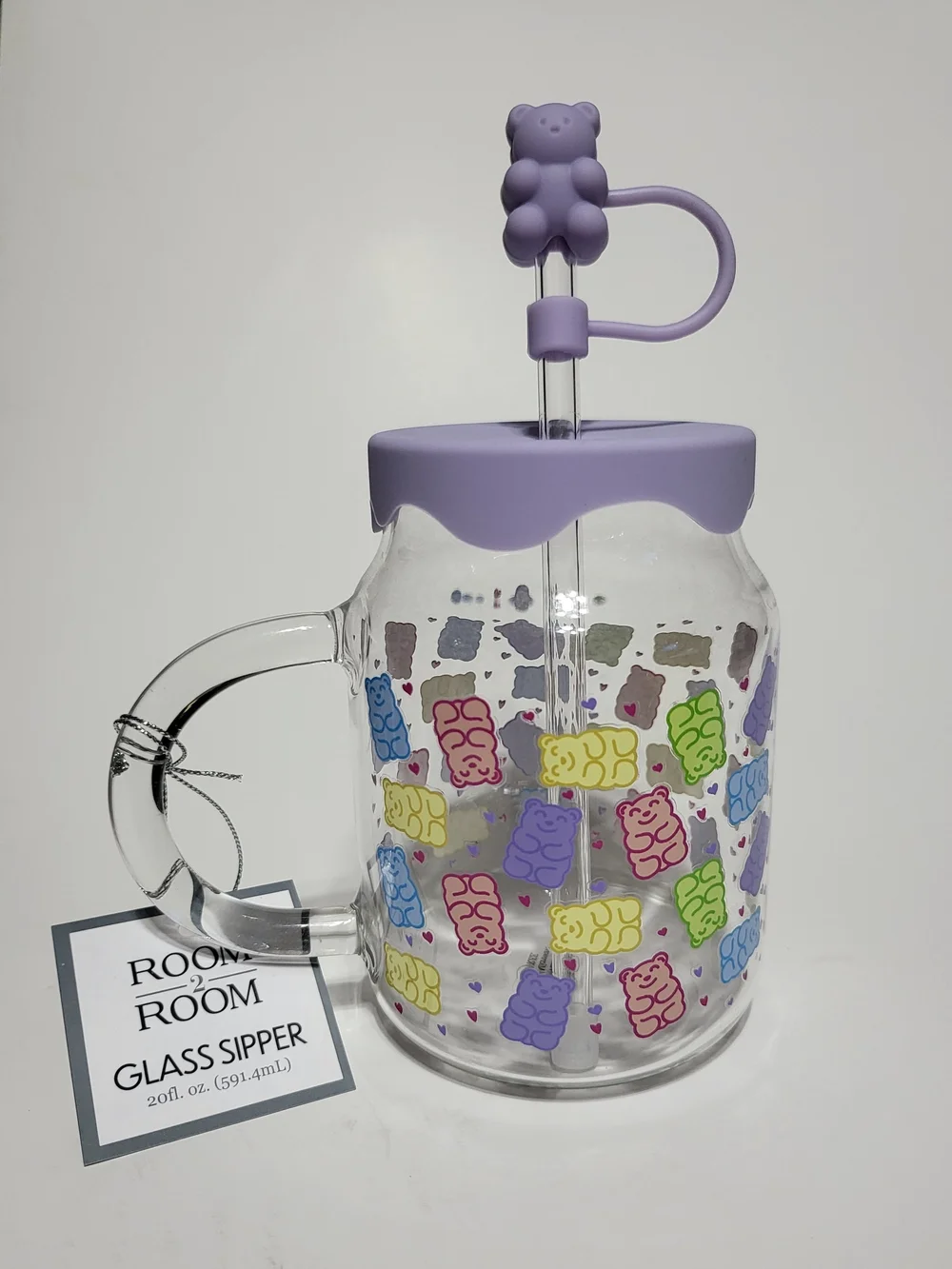 Purple Gummy Bear Glass Sipper with Straw